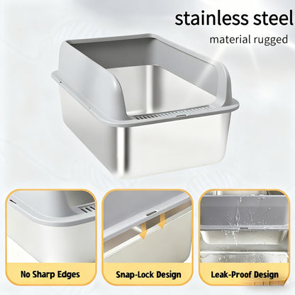 Stainless Steel Cat Litter Box Odor-Proof High-Sided Metal Litter Tray – Non-Stick Leak-Proof Easy Clean Indoor Cat Toilet for Large Medium Small Cats, Multiple Sizes & Colors