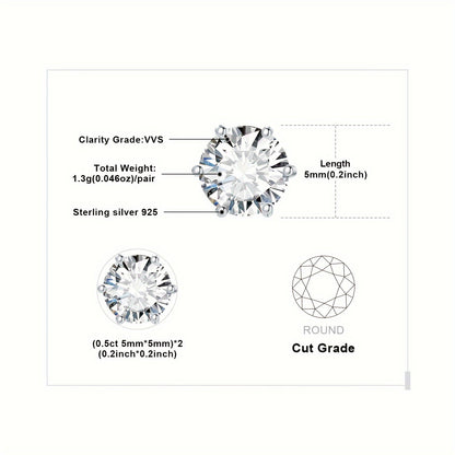 Moissanite Stud Earrings 925 Sterling Silver Round Cut Brilliant Sparkle 0.6ct to 6ct Platinum Plated Wedding Engagement Fine Jewelry for Women Girls Daily Prom Party