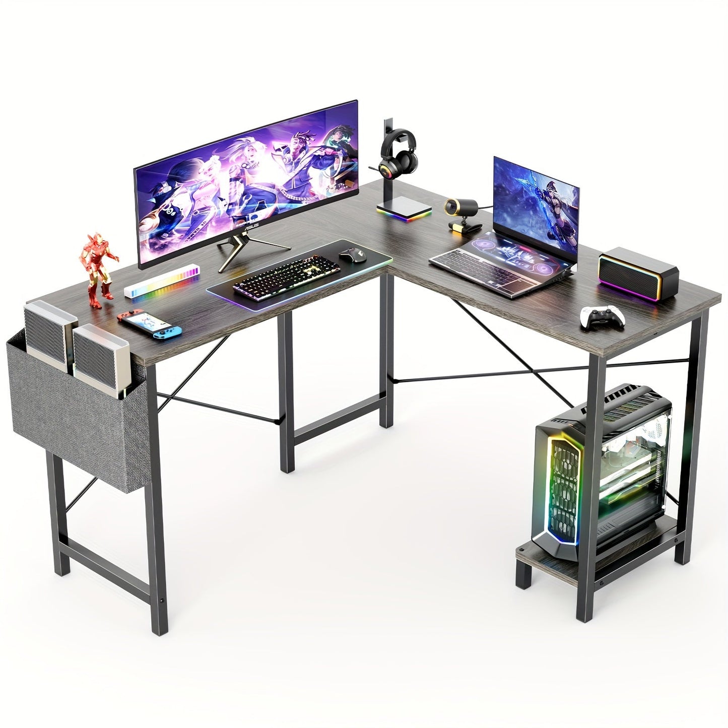L-Shaped Corner Desk 50 Inch – Gaming & Home Office Computer Desk with CPU Stand, Side Bag & Wooden Desktop, Reversible PC Writing Study Table for Home Office, Dorm & Small Spaces