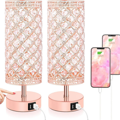 Crystal Touch Table Lamp 3-Way Dimmable with 2 USB Charging Ports LED Bulb Included Decorative Bedside Nightstand Light for Bedroom Living Room Office – Antique Bronze Rose Gold Silver