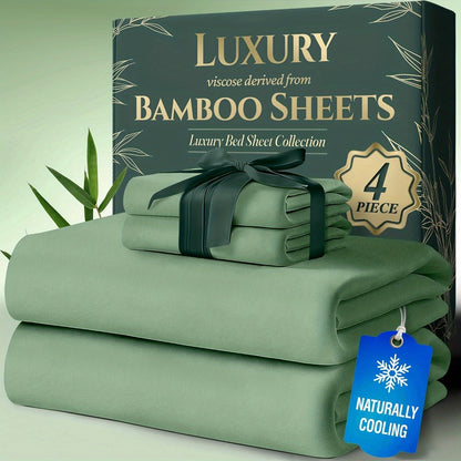 Cooling Bamboo Bed Sheet Sets Deep Pocket | Ultra-Soft Breathable 4-Piece Sheets for Hot Sleepers | Twin Full Queen King | Moisture-Wicking Temperature Regulating Pillowcases Included