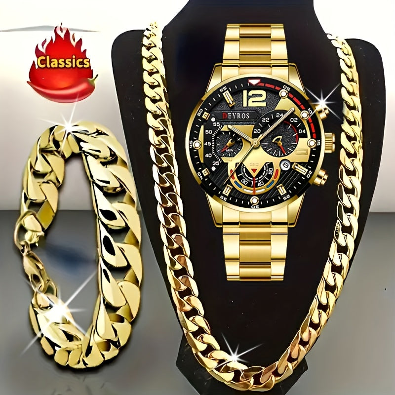 Men's 3pcs Watch Necklace Bracelet Set Luxury Analog Quartz Wristwatch Matching Jewelry Combo for Daily Wear Gift for Him Silver Gold Black