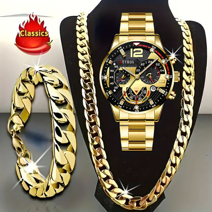 Men's 3pcs Watch Necklace Bracelet Set Luxury Analog Quartz Wristwatch Matching Jewelry Combo for Daily Wear Gift for Him Silver Gold Black