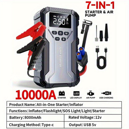 10000A Car Jump Starter 7-in-1 with 150PSI Air Compressor, Digital Tire Inflator, LED Emergency Light & USB Power Bank – Portable Battery Booster for Gas & Diesel Vehicles – Velora