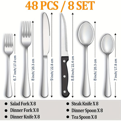 48-Piece Silverware Set with Steak Knives Service for 8 – 304 Stainless Steel Flatware Cutlery Set Mirror Finish Dishwasher Safe Spoons Forks Knives Silver Black