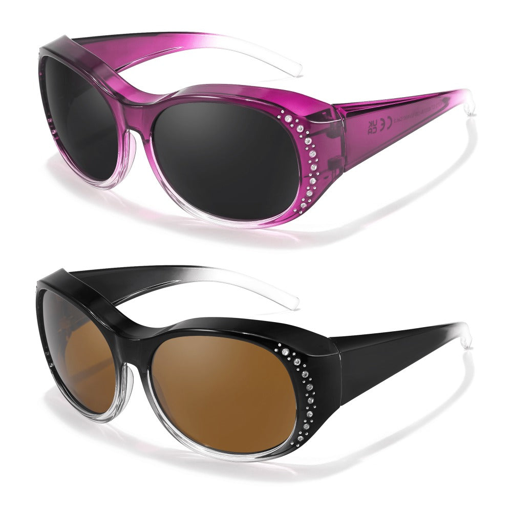 2-Pack Women's Polarized Fit Over Glasses for Prescription Eyeglasses – Rhinestone Accent Wraparound Sunglasses, Anti-Glare Polarized Lenses, No Adapter Needed, Multiple Color Options
