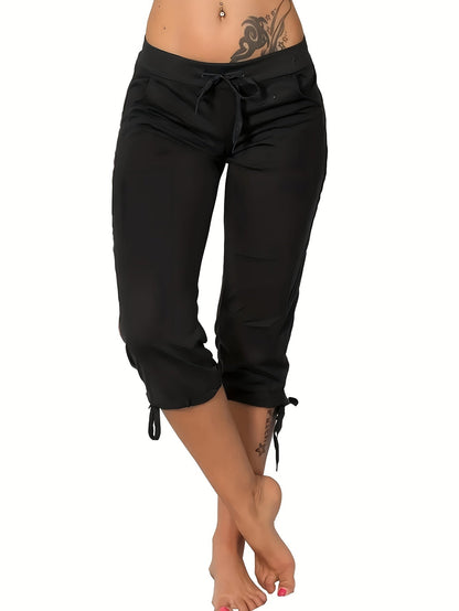 Women's Lightweight Cropped Trousers 4-Pack – Drawstring Waist Loose Fit Capri Pants, Casual Breathable Summer Bottoms for Women, Sizes S-XXL, Multiple Color Sets