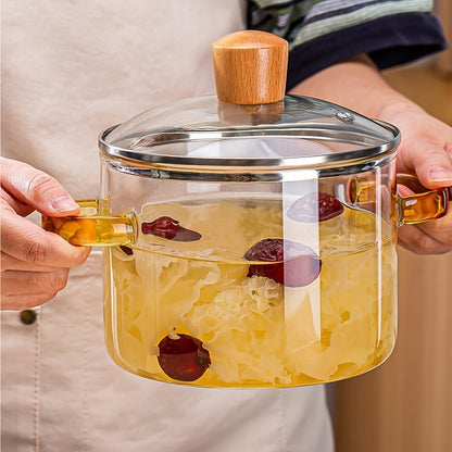 54oz Borosilicate Glass Soup Pot with Handle Heat Resistant 752°F | Stovetop Oven Safe Transparent Glass Cooker | Soup Congee Ramen Milk Pot | Easy Clean Odorless Non-Toxic | Green Yellow Handle