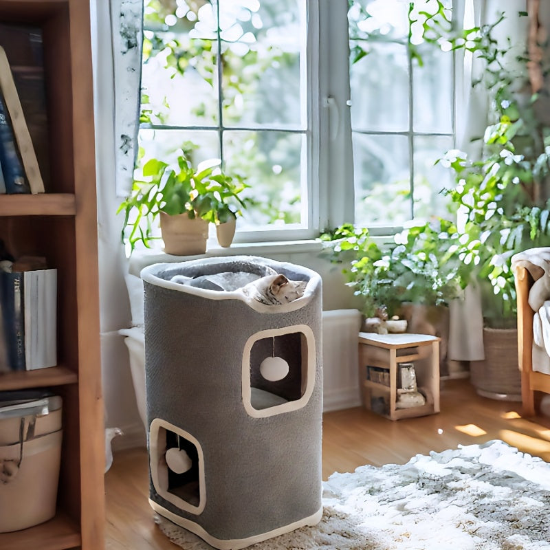 Foldable Multi-Level Cat Tree Tower for Indoor Cats - Scratch-Resistant Cat House with Cozy Top Bed Hideaway and Bell Balls, 1 to 3 Layers Cat Furniture for Climbing Playing and Resting