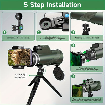10x42 HD Monocular Telescope with Phone Adapter & Tripod – FMC Lens Compact Scope for Bird Watching, Wildlife, Hiking, Camping, Concerts & Sports – Black & Green, Christmas Gift