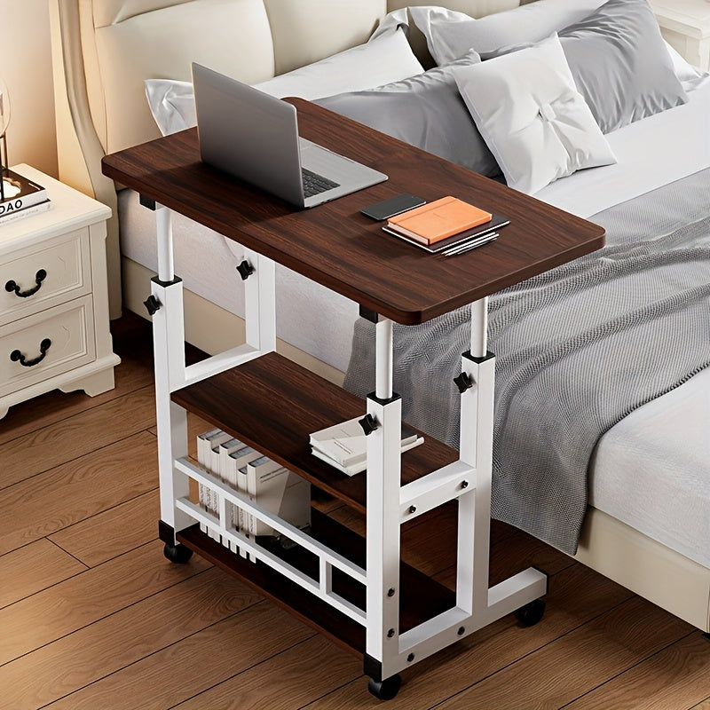 3-Tier Rolling Folding Desk with Wheels Height Adjustable Expandable Desktop Storage Shelf for Laptop Study Home Office Bedroom Living Room Computer Table