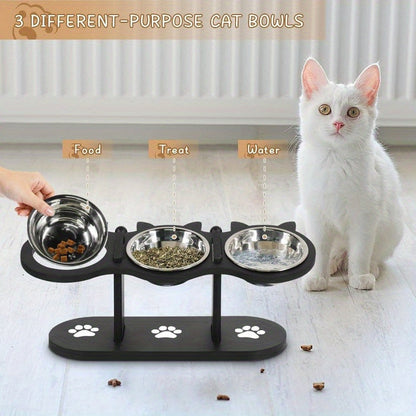 Elevated Cat Bowl Stand with 15° Tilted Stainless Steel Bowls – Adjustable Raised Feeder for Cats & Small Dogs, Anti-Spill Black Wooden Base, Set of 2 or 3 Bowls for Food and Water