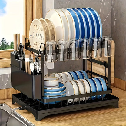 2-Tier Dish Drying Rack with Drainboard for Kitchen Counter – Large Capacity Metal Dish Drainer with Drain Tray, Organizer for Plates, Cups & Utensils, Available in Black, White & Gray