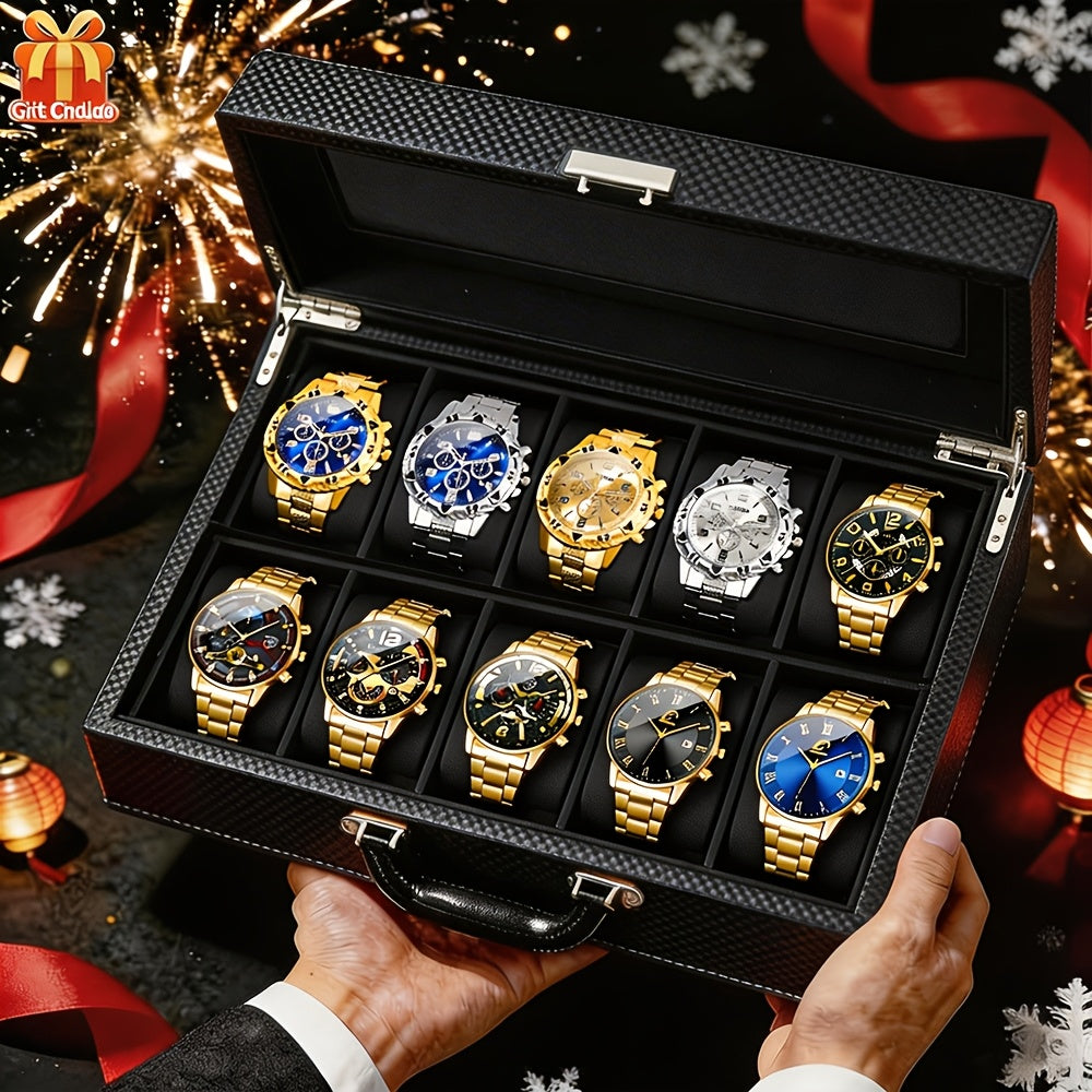 Men's Quartz Watch Set 10 Pcs – Analog Alloy Case, Faux Leather Strap, Date Display, Multiple Styles – Casual Wrist Watches for Men, Perfect Gift Set