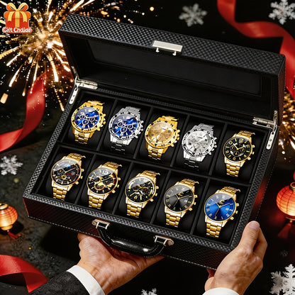 Men's Quartz Watch Set 10 Pcs – Analog Alloy Case, Faux Leather Strap, Date Display, Multiple Styles – Casual Wrist Watches for Men, Perfect Gift Set