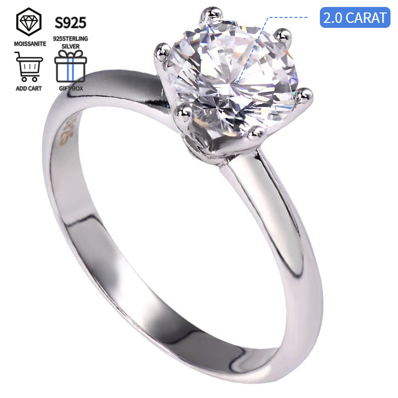 S925 Sterling Silver 2.0 Carat Moissanite Solitaire Engagement Ring – Classic Six-Prong Setting, GRA Certified Lab Diamond Alternative, Comes with Luxury Gift Box, Sizes 4–11