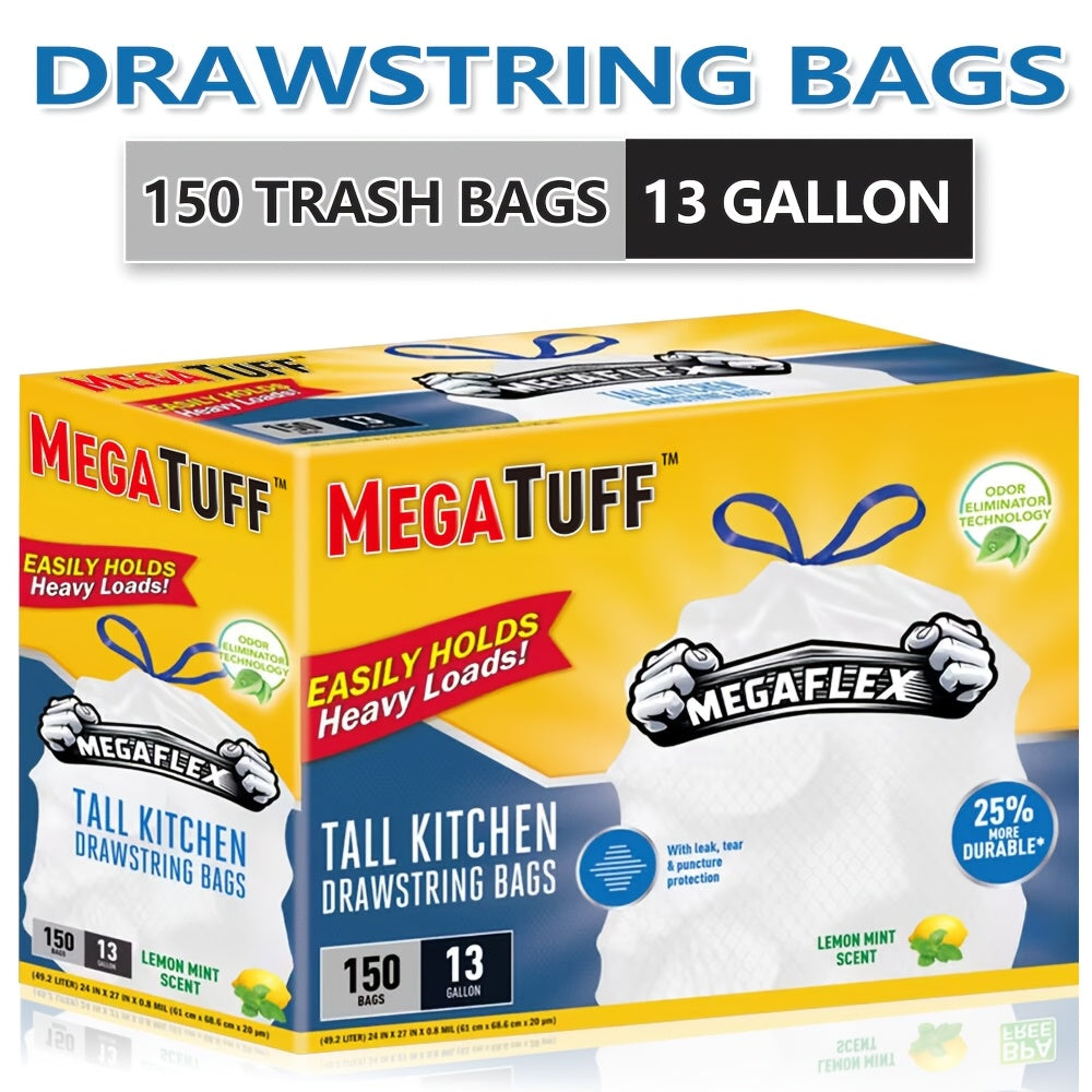 13 Gallon Drawstring Kitchen Trash Bags with Odor Eliminator – Puncture & Tear Resistant Disposable Garbage Bags, Lemon Mint Fresh Scent, Available in 78-Count & 150-Count Boxes