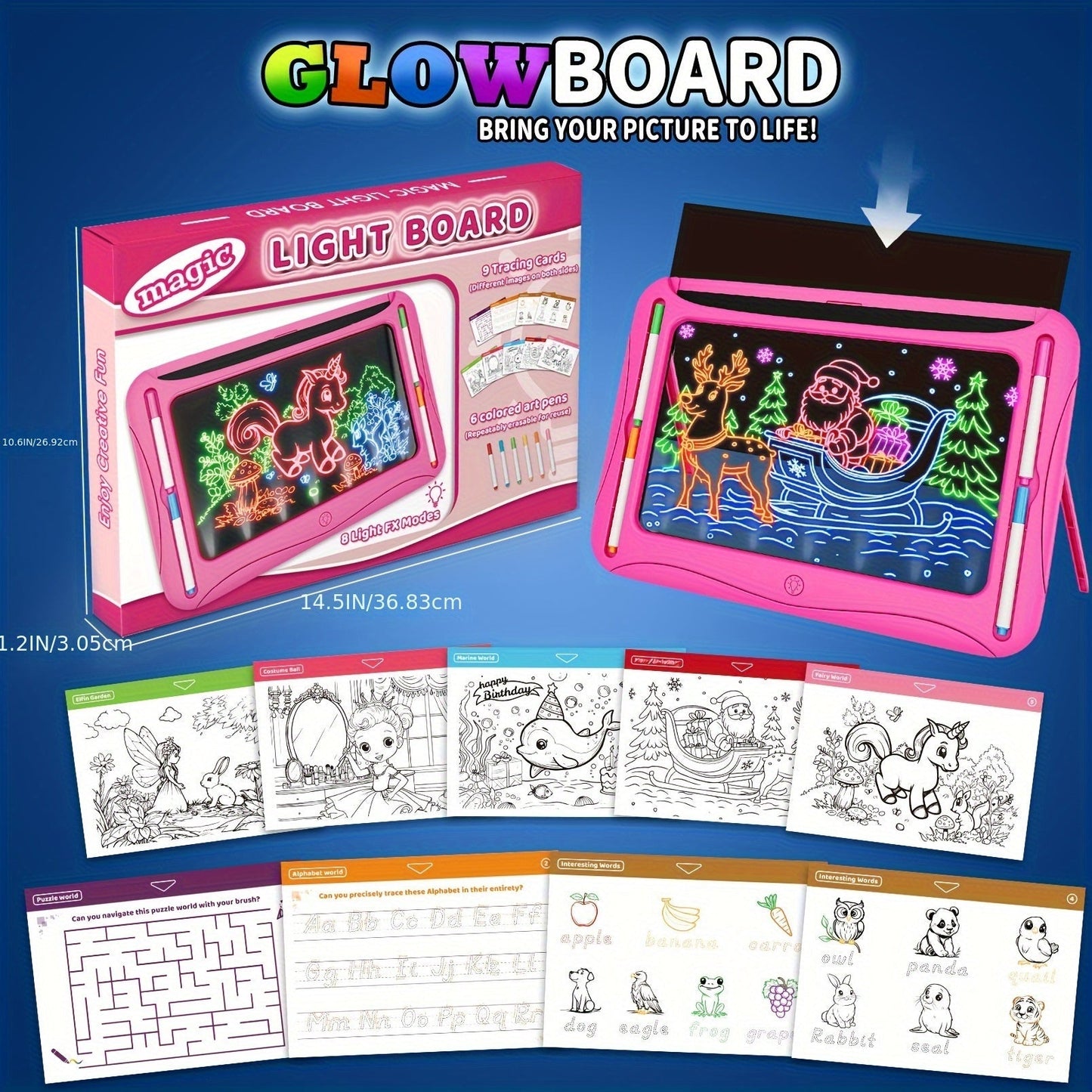 LED Light-Up Drawing Doodle Board for Kids Ages 3-8 – Glow Writing Art Set with 9 Double-Sided Cards & 6 Markers, Educational Learning Travel Toy, Birthday & Christmas Gift for Girls Boys