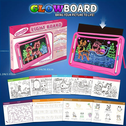 LED Light-Up Drawing Doodle Board for Kids Ages 3-8 – Glow Writing Art Set with 9 Double-Sided Cards & 6 Markers, Educational Learning Travel Toy, Birthday & Christmas Gift for Girls Boys