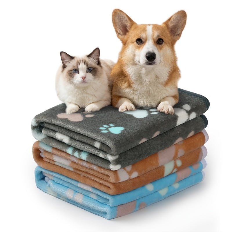 Fleece Pet Blanket 3-Pack for Dogs Cats & Puppies – Super Soft Fluffy Tear-Resistant Flannel Throw, Paw Print Brown Pink White, Machine Washable, Includes Free Pet Drying Towel