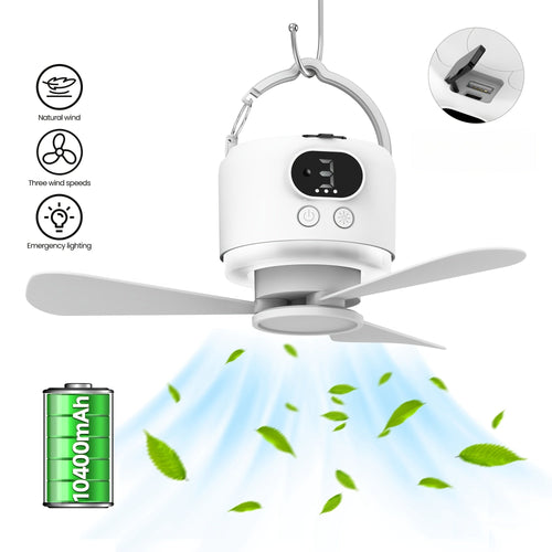 Portable Camping Ceiling Fan 10400mAh USB Rechargeable – Tent Fan with Remote Control, LED Light, Detachable Blades & 4-Speed Settings for Camping, Outdoor, RV, Bedroom & Home Use