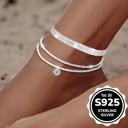 3-Pack 925 Sterling Silver Anklet Set for Women Sparkling Zirconia Wave & Braided Boho Vintage Design Beach Party Jewelry