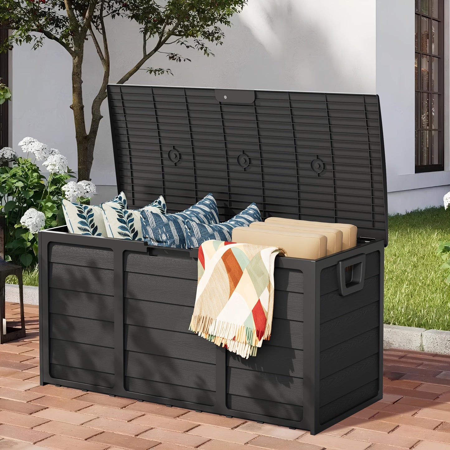 75 Gallon Resin Outdoor Storage Box with Handles Deck Box for Pool Accessories Garden Tools Camping Gear