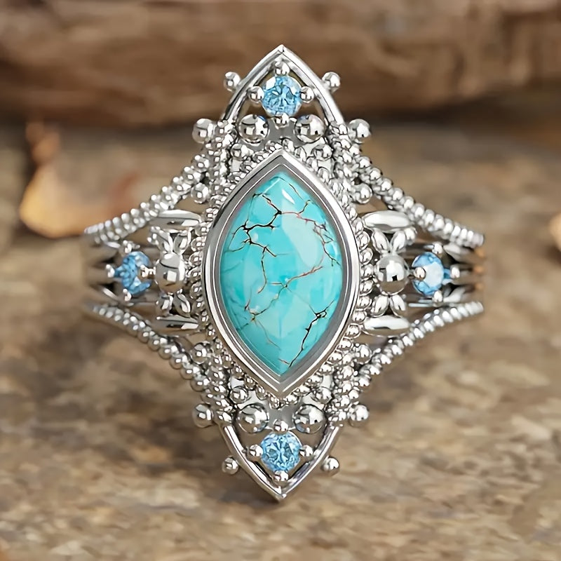 9pcs Bohemian Turquoise Stackable Ring Set for Women – Luxury Boho Multi-Element Gold Tone Synthetic Turquoise Rings, Fashion Jewelry for Daily Wear, Wedding, Engagement, Gift for Girlfriend & Lover, Sizes 6-11