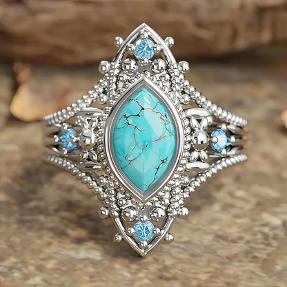 9pcs Bohemian Turquoise Stackable Ring Set for Women – Luxury Boho Multi-Element Gold Tone Synthetic Turquoise Rings, Fashion Jewelry for Daily Wear, Wedding, Engagement, Gift for Girlfriend & Lover, Sizes 6-11