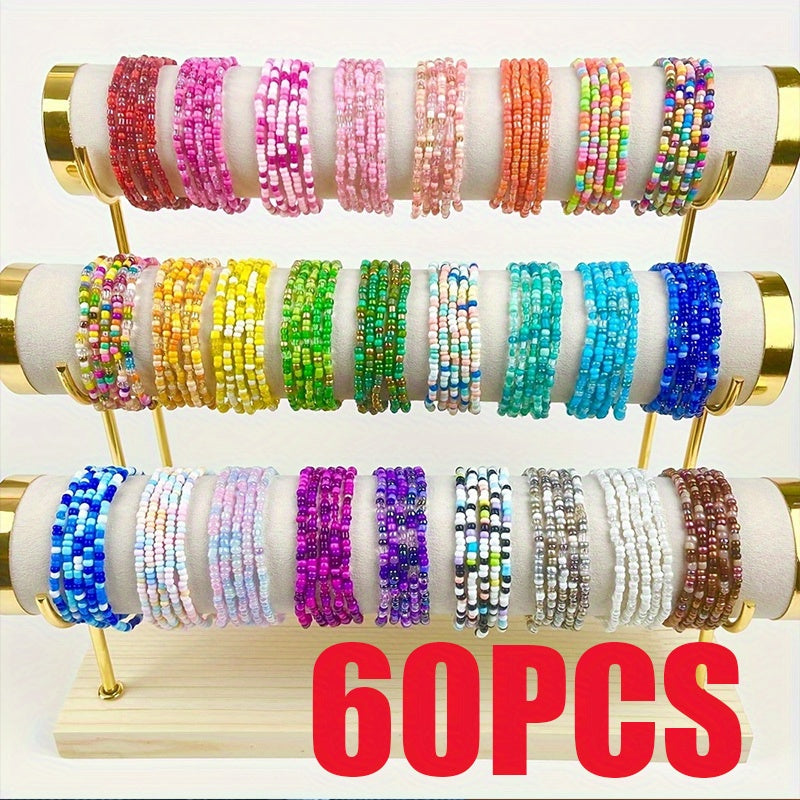 60-Pack Colorful Beaded Bracelets Bulk Set – Assorted Colors, Bohemian Stackable Stretch Bracelets for Women & Girls, Summer Beach Vacation Party Jewelry Accessories