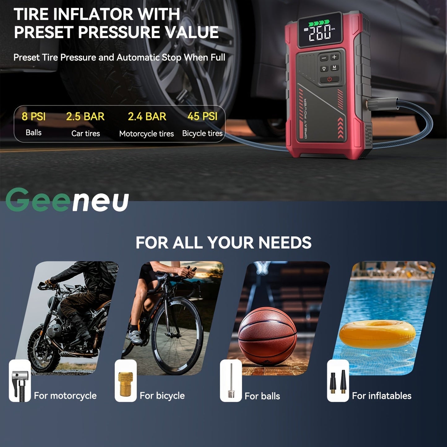 9-in-1 Portable Jump Starter with Air Compressor for 12V Car Up to 8.0L Gas 6.5L Diesel – Battery Booster Pack with Tire Inflator, USB Power Bank, LED Emergency Light & Roadside Kit
