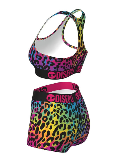 Women's Rainbow Leopard Print Workout Set – 2-Piece Sports Bra & High Waist Shorts Athletic Outfit for Yoga Gym Running Dance Festival, Colorful Activewear for Teens & Women Sizes S-XXL