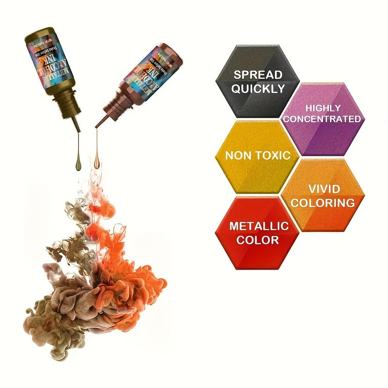 12 Color Metallic Alcohol Ink Set for Epoxy Resin Art – Concentrated Glitter Alcohol Pigment Dye for Resin Petri Dish & Cup Making, 0.34 oz per Bottle