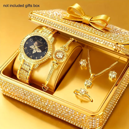 Women's Watch & Jewelry Set 6 Pieces - Elegant Ladies Watch with Bracelet Necklace Earrings & Ring, Luxury Fashion Jewelry Set for Women, Valentine's Day Birthday Anniversary Gift