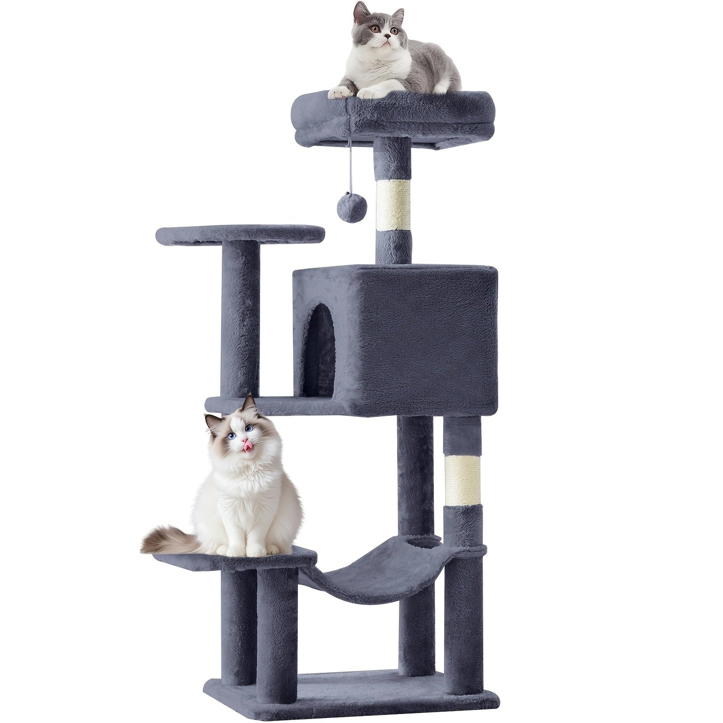 44-Inch Cat Tree Tower with Condo & Hammock – Natural Sisal Scratching Posts, Multi-Level Perches & Pet House for Indoor Cats, Available in Beige, Gray, Pink & Black/Red