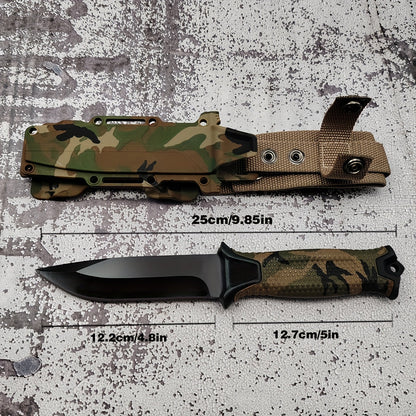Outdoor Fixed Blade Knife – Stainless Steel Straight Blade, Non-Slip Handle, K-Type Sheath, EDC Hunting Fishing Camping Survival Knife, Camouflage, Multi-Purpose Field Tool for Men