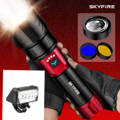SKYFIRE 5000 Lumen LED Flashlight Rechargeable with Ignition Lens, Adjustable Focus & 4 Modes – Super Bright High Lumen Tactical Flashlight for Camping, Outdoor, Farm & Emergency Family Use
