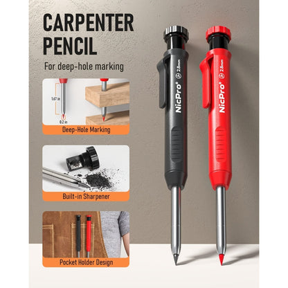 Carpenter Pencil Set with Sharpener & Refills, Heavy Duty Mechanical Woodworking Pencils for Construction, Drafting & Marking, Flat Pencils with Portable Case – 2, 3, 4 or 6 Piece Sets Available