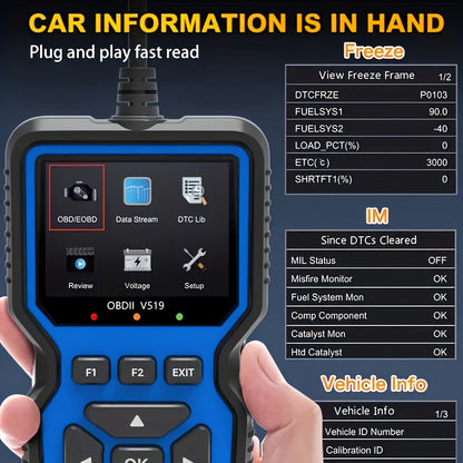 OBD2 Scanner Code Reader Car Diagnostic Tool Engine Fault Code Reader with Live Data Freeze Frame I/M Readiness for All OBDII Protocol Vehicles No Battery Required