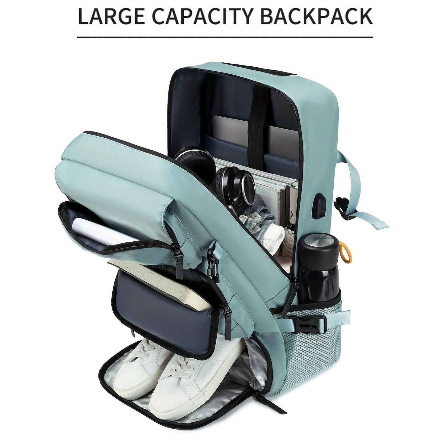 Large Laptop Backpack with Shoe Compartment – Multi-Functional Travel Backpack for Men & Women, Business, College & Carry-On Bag with USB Charging Port, Waterproof, Fits 15.6" Laptop