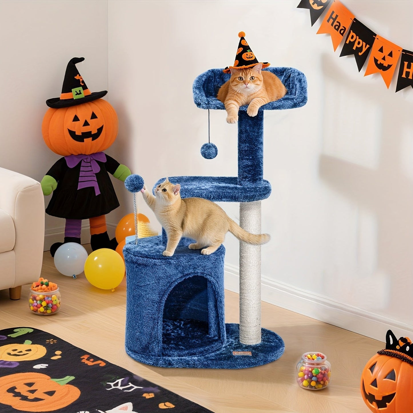 Cat Tree 32 Inch for Indoor Cats – Cozy Condo, Sisal Scratching Post, Plush Perches & Pompom Toys, Denim Blue Cat Tower for Small Medium Cats, Great Cat Furniture Gift