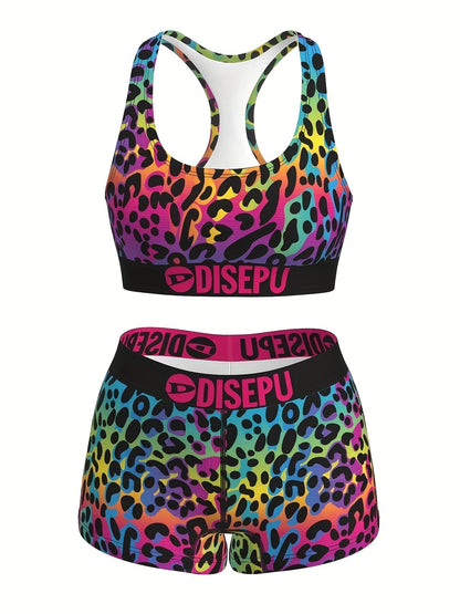 Women's Rainbow Leopard Print Workout Set – 2-Piece Sports Bra & High Waist Shorts Athletic Outfit for Yoga Gym Running Dance Festival, Colorful Activewear for Teens & Women Sizes S-XXL