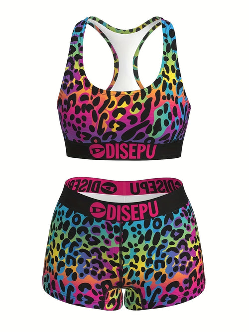 Women's Rainbow Leopard Print Workout Set – 2-Piece Sports Bra & High Waist Shorts Athletic Outfit for Yoga Gym Running Dance Festival, Colorful Activewear for Teens & Women Sizes S-XXL