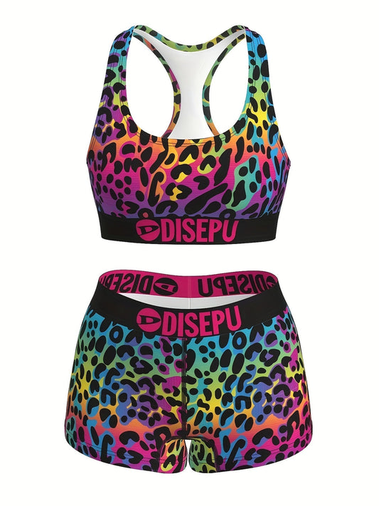 Women's Rainbow Leopard Print Workout Set – 2-Piece Sports Bra & High Waist Shorts Athletic Outfit for Yoga Gym Running Dance Festival, Colorful Activewear for Teens & Women Sizes S-XXL
