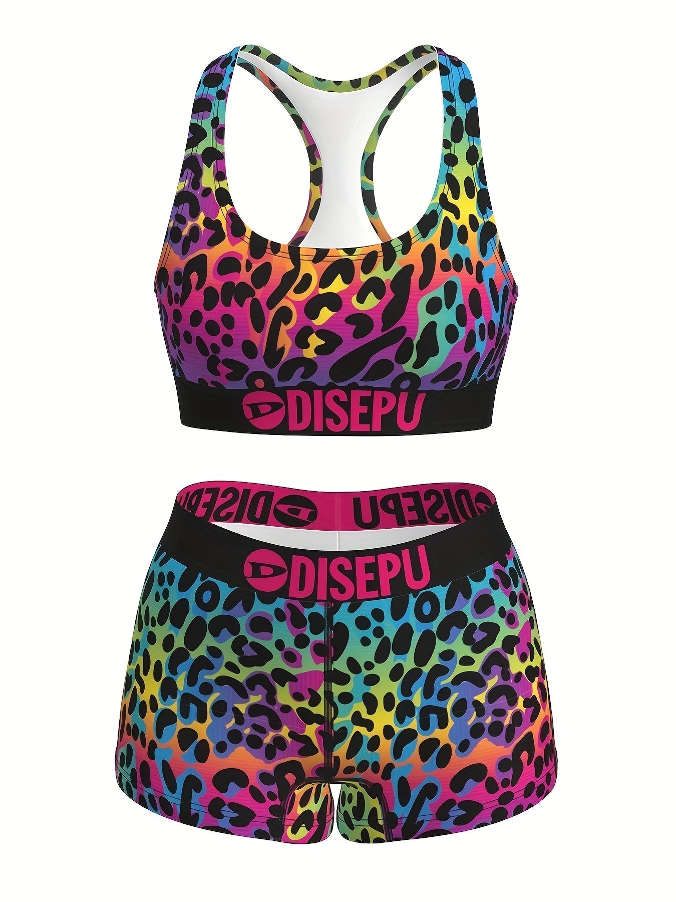 Women's Rainbow Leopard Print Workout Set – 2-Piece Sports Bra & High Waist Shorts Athletic Outfit for Yoga Gym Running Dance Festival, Colorful Activewear for Teens & Women Sizes S-XXL