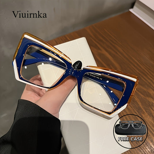 Women's Cat Eye Blue Light Blocking Computer Glasses – Trendy Lightweight Color Block Frame, Transparent PC Lens, Fashion Eyewear with Case for Screen Time Eye Protection, Holiday Gift