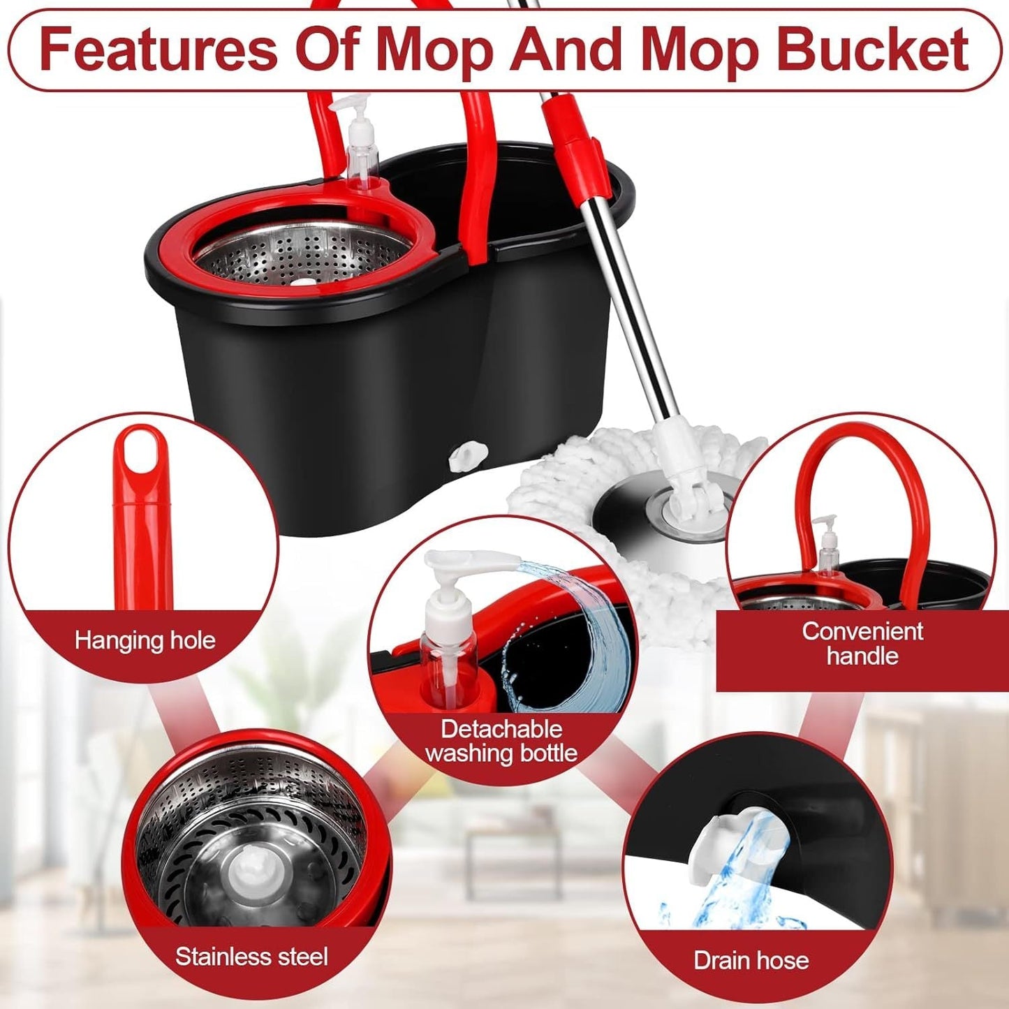 360 Spin Mop and Bucket with Wringer Set 4 Microfiber Replacement Heads | Stainless Steel Adjustable Handle Hands-Free Foot Pedal | Deep Clean Hardwood Tile Laminate Floors | Complete Floor Cleaning System