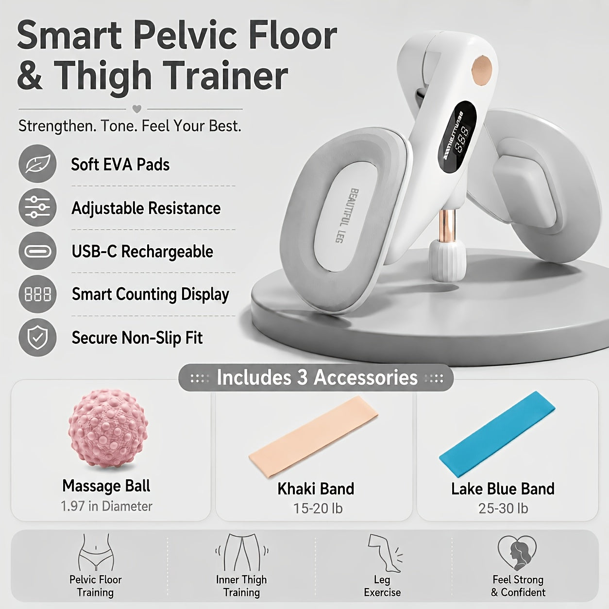 Pelvic Floor Trainer & Smart Hip Thigh Exerciser with Rep Counter – Adjustable Resistance Inner Thigh Toner, Glute Strengthener & Kegel Exercise Machine for Women Home Gym Workout