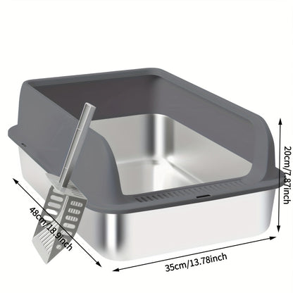 Stainless Steel Cat Litter Box High Sides Anti-Leakage Metal Litter Pan with Scoop Sifting Tray Rust-Proof Odor-Resistant Non-Stick Easy Clean Indoor Cat Toilet Medium Large Cats