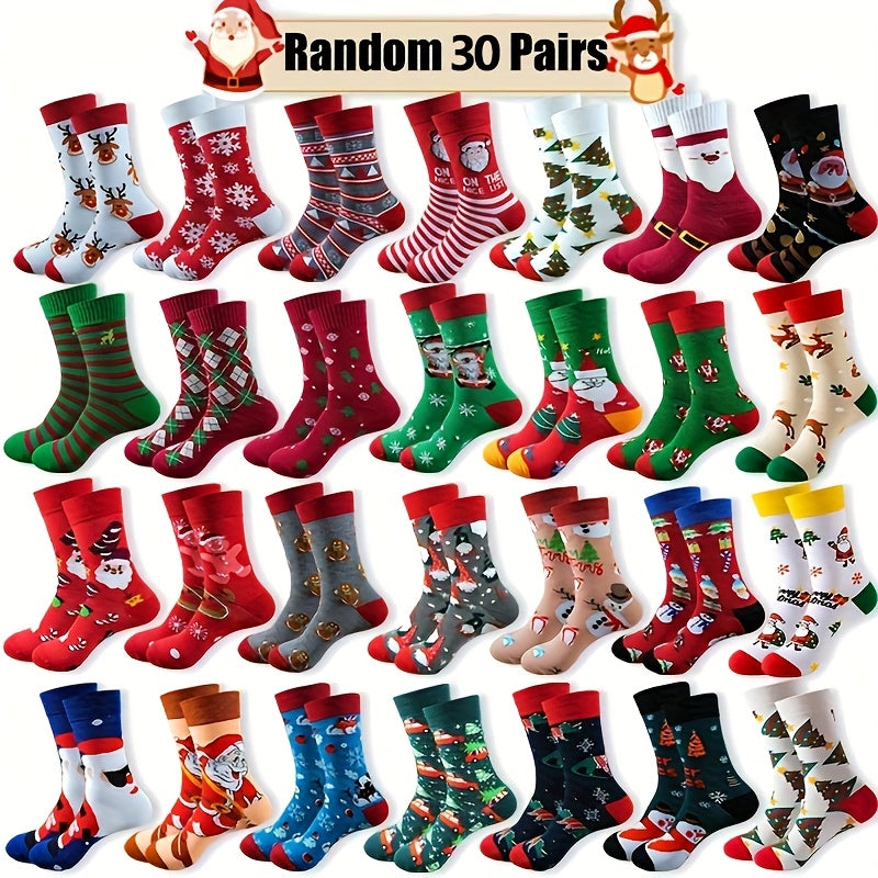 Christmas Socks 30 Pairs Fun Holiday Patterns Reindeer Santa Snowflakes Gingerbread Christmas Tree Warm Cartoon Socks – Unisex Gift Set for Men and Women